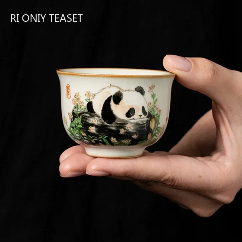 Handmade Ceramic Mug - 1 Pc 中国の伝統 Ru 窯セラミックティーカップ手描きのかわいいパンダ茶碗手作りティーカップ絶妙な家庭用ティーセット