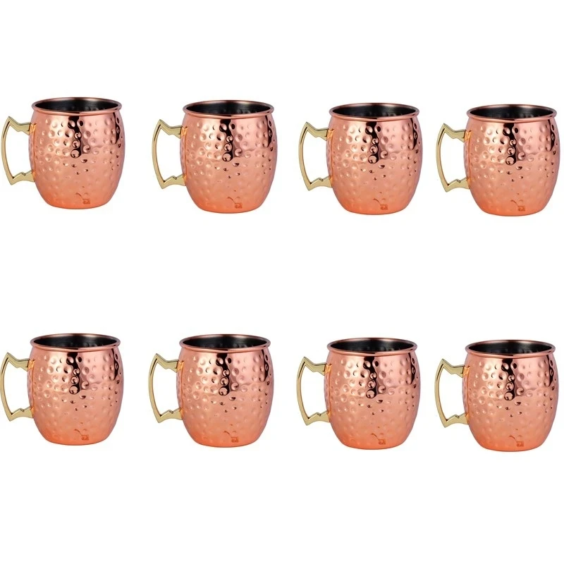 Copper Cocktail Mug - 8個入り槌目模様モスコミュール銅製マグカップセット - ステンレス製メタルビール・ワイン・コーヒーカップ、カクテルサービング用カップ、ドリンクウェア