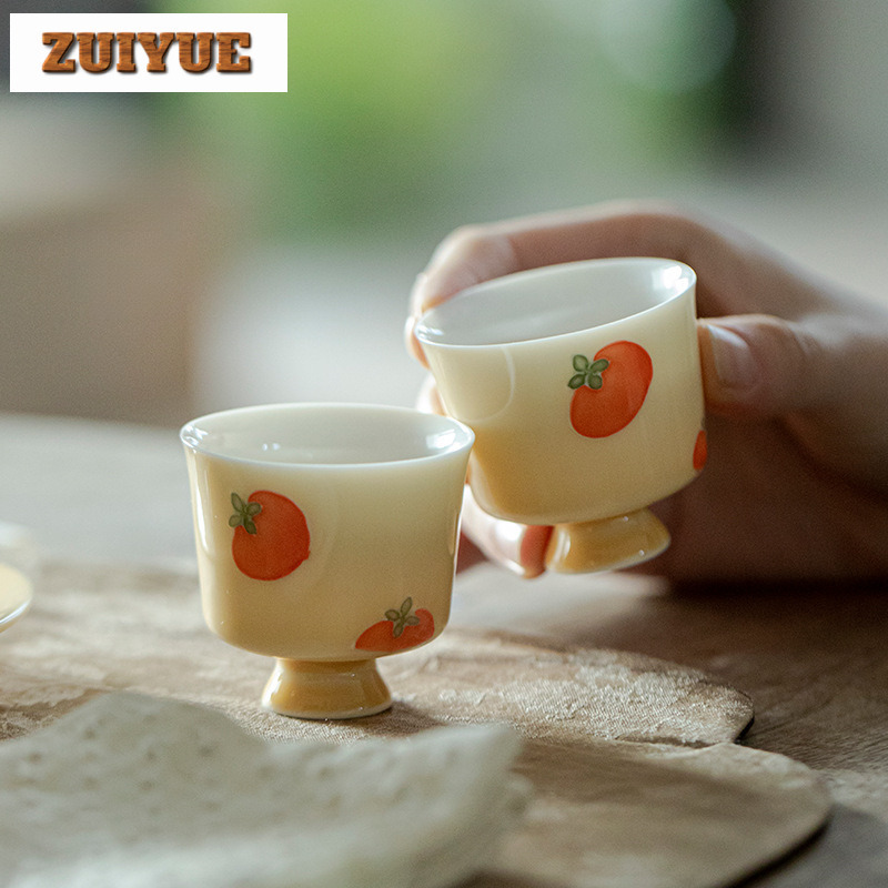 Handmade Ceramic Mug - 2 ピース/ロット手描き柿アプリコットセラミックティーカップ手作り茶碗シングルカップ瞑想カップ茶山茶道 35 ミリリットル