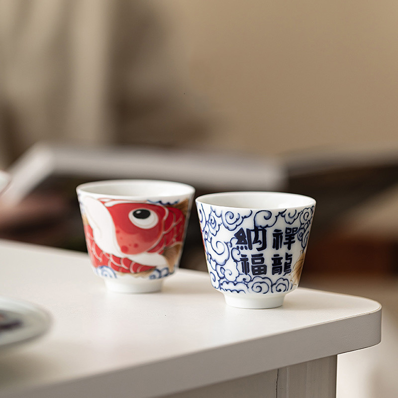 1 Pc 中国ヴィンテージ磁器ティーカップ手作りドラゴン魚セ - Handmade Ceramic Mug のレビューと価格